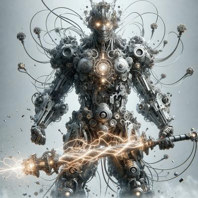 The primary subject of the image is a futuristic robot with a sword. The robot is the main focus of the image, and it is depicted in a digital art style. The setting is a futuristic environment, and the robot is surrounded by a cloudy background. The colors in the image are predominantly dark, with the robot being the main source of light. The overall atmosphere of the image is one of futuristic technology and conflict.